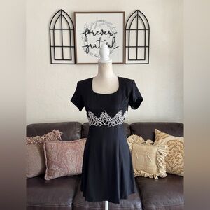 Vintage 90s Short Sleeve Black Mini Dress Size 5 White Ribbon Bodice Whimsical